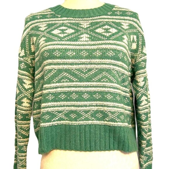 NWT American Eagle Green/White Geometric Pull Over Oversized Cropped Sweater-XS - Picture 2 of 9